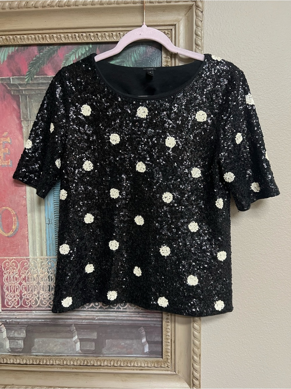 J. Crew Black Sequin Short Sleeve Top with White Polka Dots